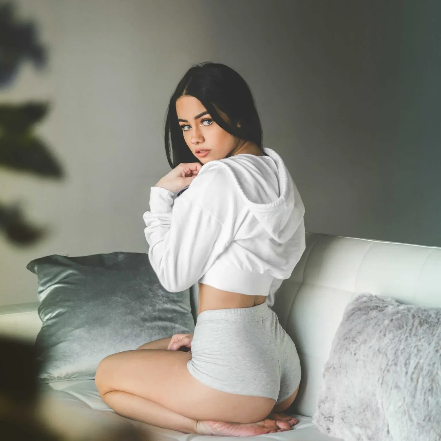 woman in a white hoody